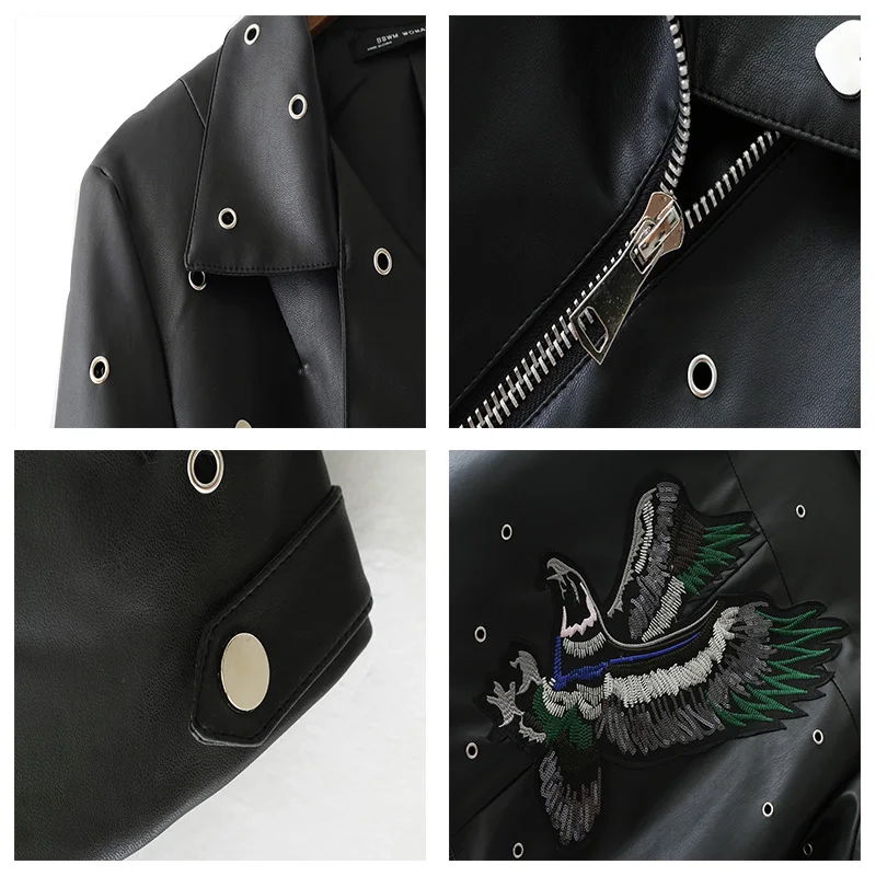 Женская Короткая кожаная куртка топы с длинными рукавами верхняя одежда на молнии с заклепками высокое качество женские тонкие Базовые Куртки женские черные пальто