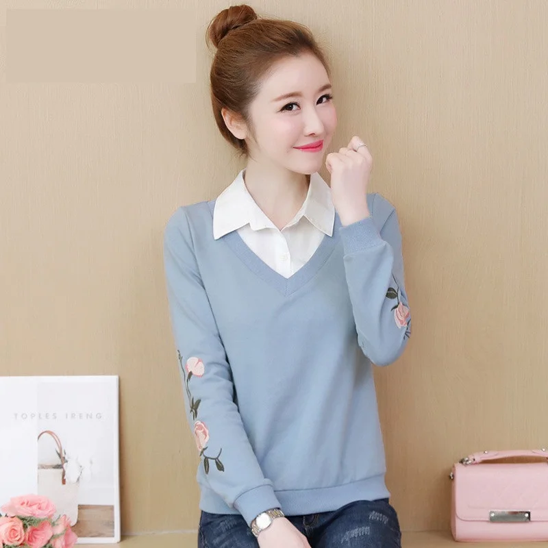 

Women clothes 2019 female sweater embroidered knitted tops for women's warm Winter shirt sweater Fake two pieces Add wool R1050