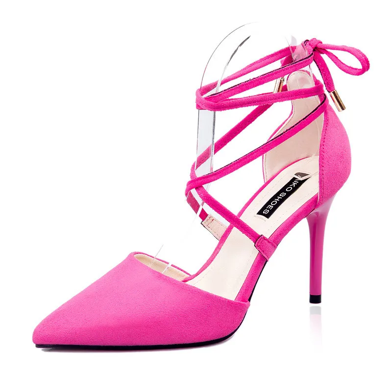 

2019 spring and autumn new suede pointed cross straps bow high heels nightclub sexy stiletto shoes rose 0510