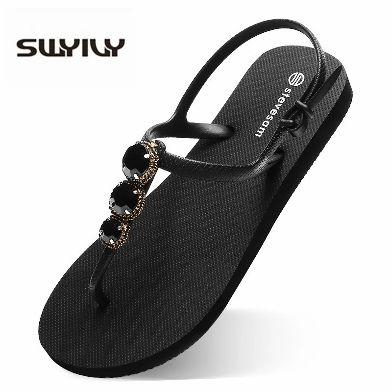 

SWYIVY Women Summer Sandals Flats Flip Flops Women Shoes Crystal 2019 Hot Black Sandals Bohemian Beach Sandal For Woman T-strap