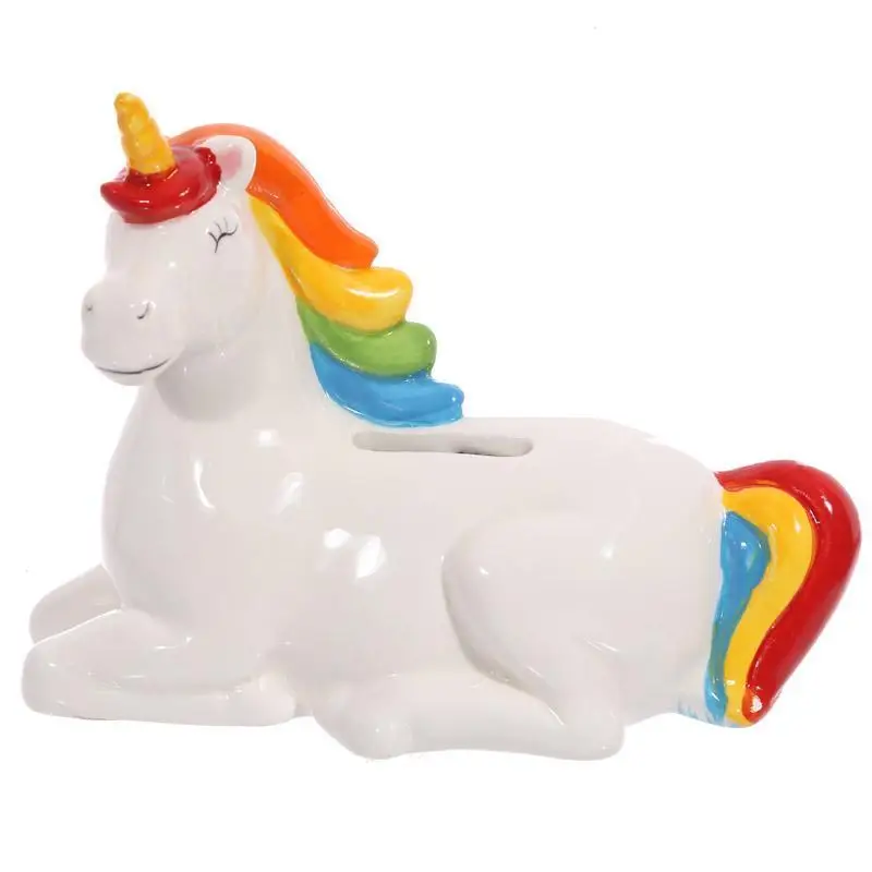 New Pink Unicorn Horse with Rainbow Mane /& Tail Piggy Bank Coin Money Holder