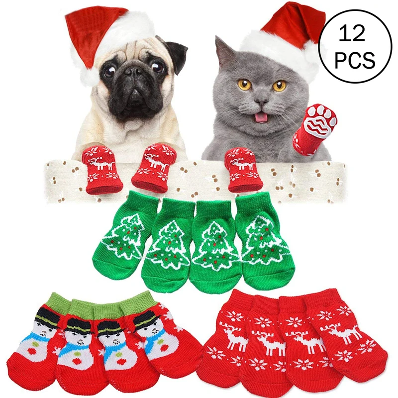 3 пары рождественских домашних животных противоскользящая обувь мягкие хлопковые носки для собак теплые олень снеговик дерево снежинка узор собака носки для вечерние