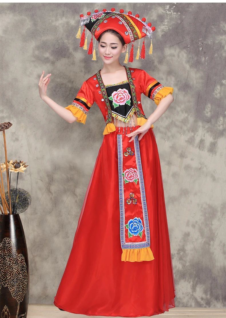 Новые этнические костюмы Чжуан невесты костюмы Гуанси Race Танцы сценический костюм Китай Чжуан национальности этнических меньшинств