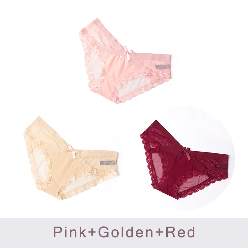 3 шт./лот, женское нижнее белье, прозрачные сексуальные трусики, сетка, дышащие трусы, низкая посадка, бант, цветочные трусики для девушек, DULASI - Цвет: Pink Gold Red