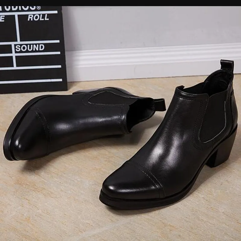 

Plus Size 2019 Genuine Leather Men Ankle Boots High Heel Men Cowboy Shoes Zipper python skin punk boots winter botas militares