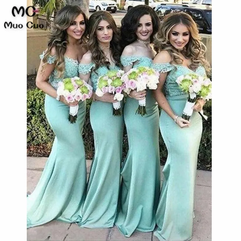 Mermaid Off-the-Shoulder Sweep Train Turquoise Bridesmaid Dress with Appliques