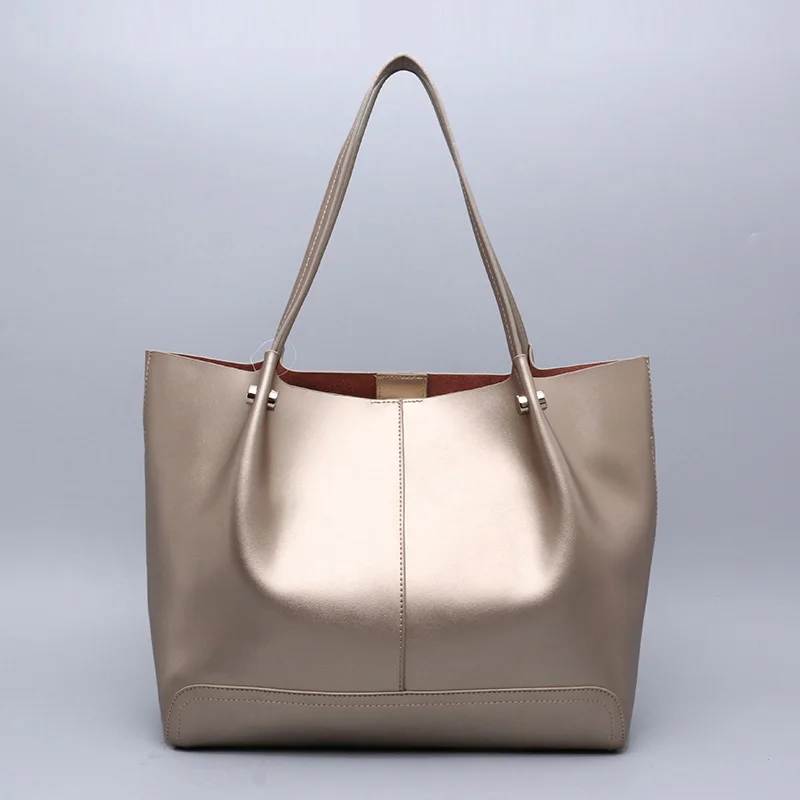 ESUFEIR Сумка женская сумка из натуральной кожи мода сплошной цвет воловья кожа сумка большая повседневная большая сумка - Цвет: Golden