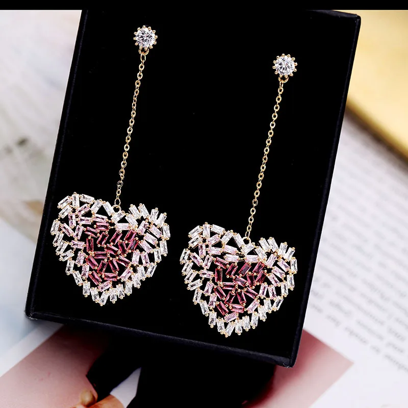 

2018 New Pink Peach Heart shape Earring Female Love Long Pendant Earring Zirconium Stone Silver Needle Earring