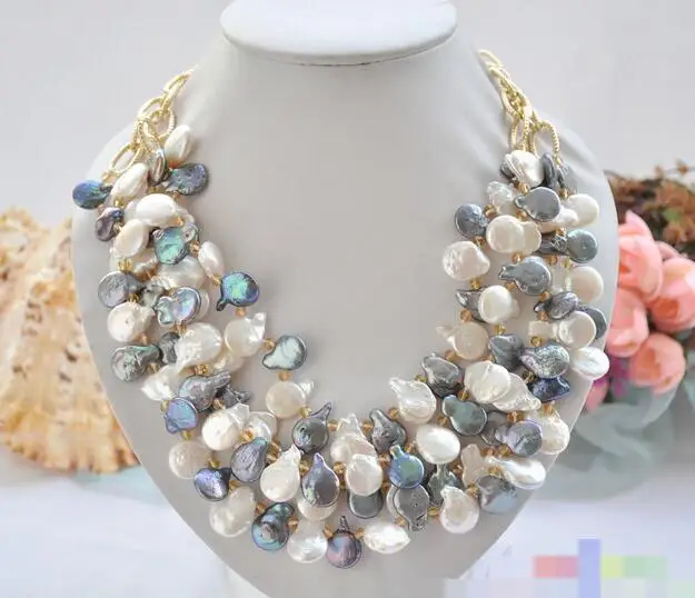 

song voge gem nanJ0506 4ROW WHITE BLACK COIN FRESHWATER PEARL CHAIN NECKLACE