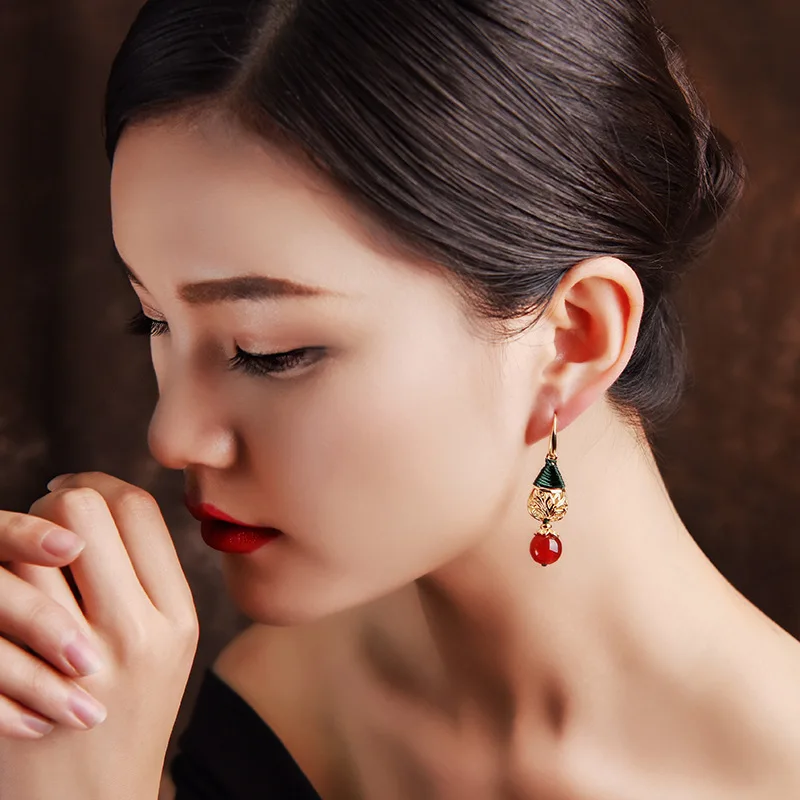 BOEYCJR Ethnic Vintage Gold Color Hollow Water Drop Red Stone Bead Dangle Earrings Jewelry Drop Earrings For Women Gift 2019