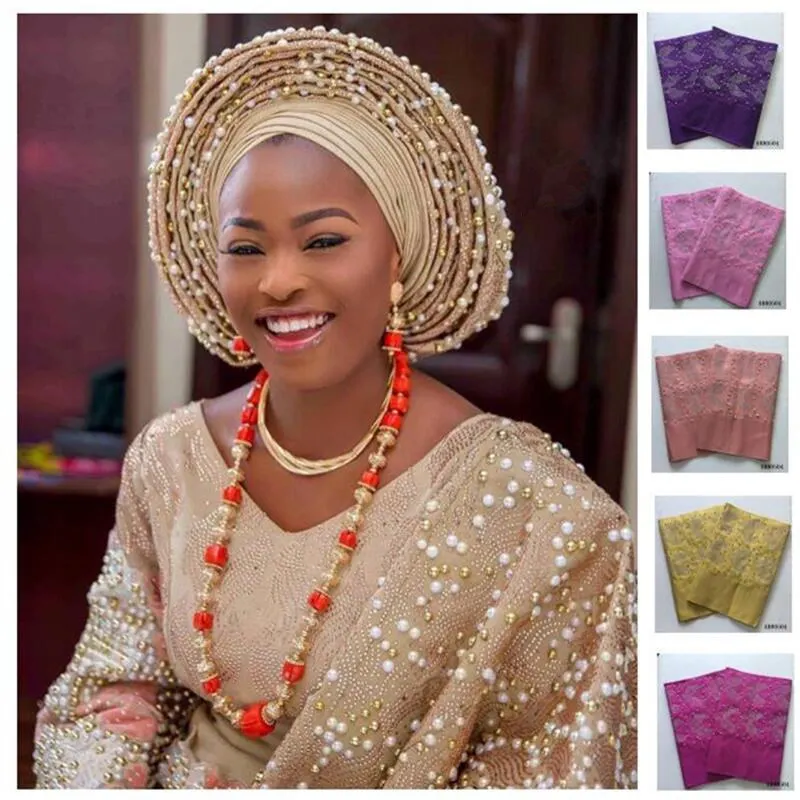 

African Aso Oke Headtie With Beautiful Stones and Beads Nigerian Ladies Gele Headtie Wrap 2 meters length for Party 30