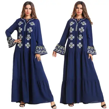 

Embroidery Muslim Long Dress Vintage Ethnic Abaya Dubai Turkish Robe Gown Flare Sleeve Drawstring Plus Size Draped Kaftan Jilbab