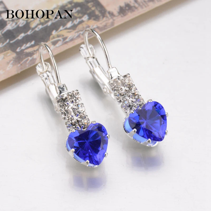 

Luxury Crystal Hoop Earrings For Women 6 Colors Heart Dangle Silver Alloy Statement Earrings Fashion Jewelry pendientes bijoux