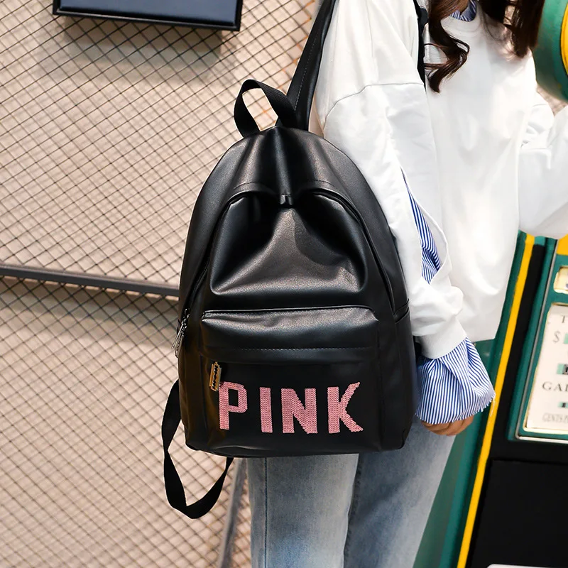 Women Leather Backpack Pink Letter Bolsas Mochila Feminina Large Girl Schoolbag Travel Bag School Backpacks Black Bagpack