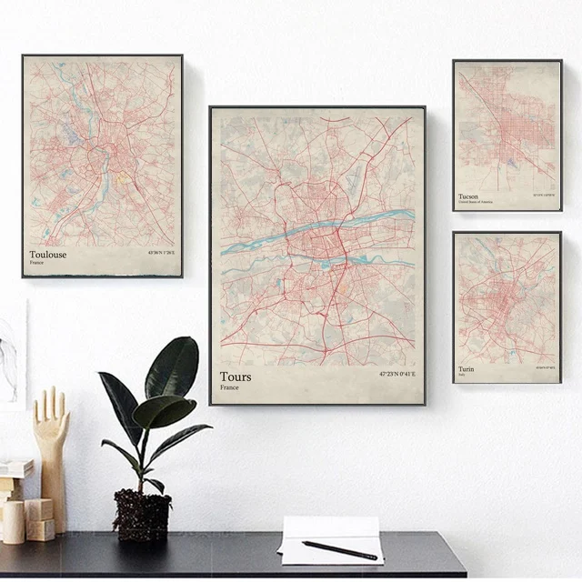 

City Map Toulouse France Tours France Tucson US Turin Italy Living Room Art Picture Home Decor Canvas Painting