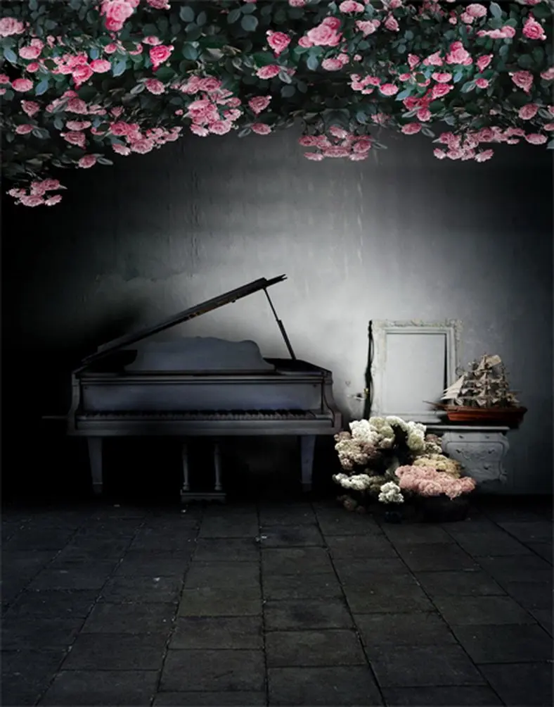 

5x7ft Stone Floor Flowers Piano Photography Backdrops Photo Props Studio Background