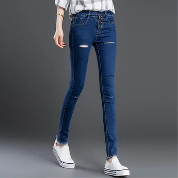 

Plus Size Holes Women Jeans 2017 Female Cowboy Pencil Pants Fashion Slim Button Pockets Trourers 26-31