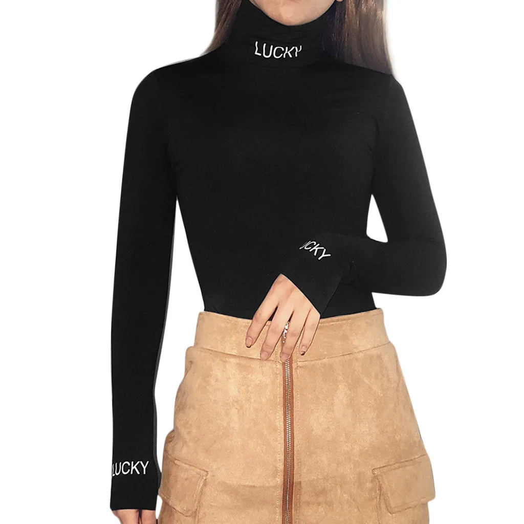 

Lucky Print Blouse Women Letter Print Exposure Of Navel Long Sleeve Sexy Turtleneck Women Shirt Tops Blouse Dames Kleding Hot