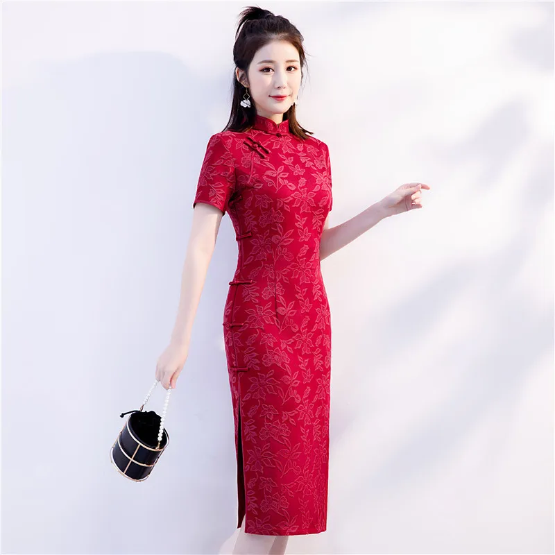 

Red Elegant Slim Wedding Female Qipao Cotton Floral Party Chinese Dress Orienital Vintage Cheongsam Long Vestidos Oversize 3XL