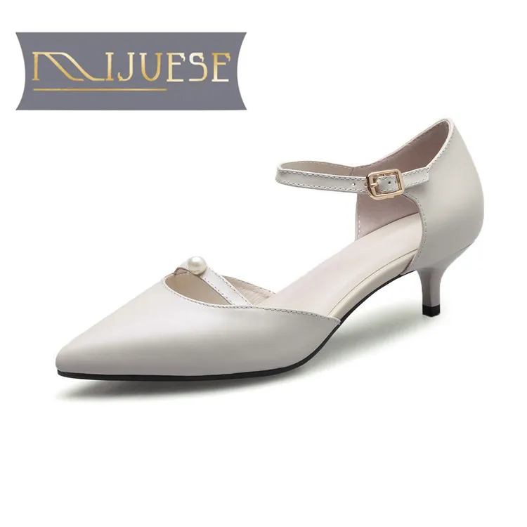 

MLJUESE 2018 women pumps Genuine leather buckle strap autumn spring Black color pointed toe high heels women size 34-41