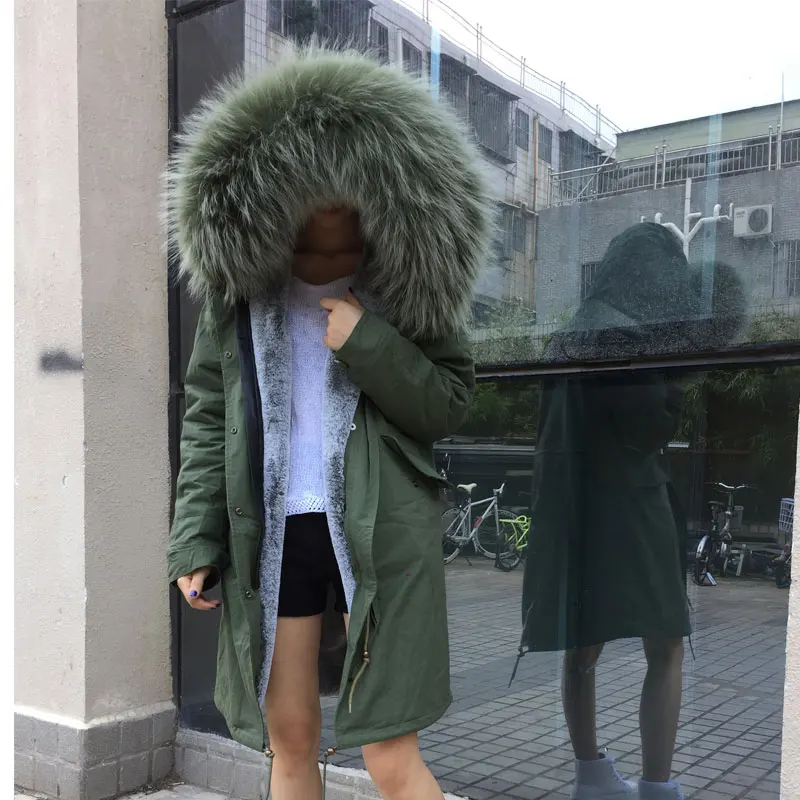 

Army Green Mrs Fur Long Down High Quality Fur Design Raccoon Fur Collar Mr Plus Size Wear