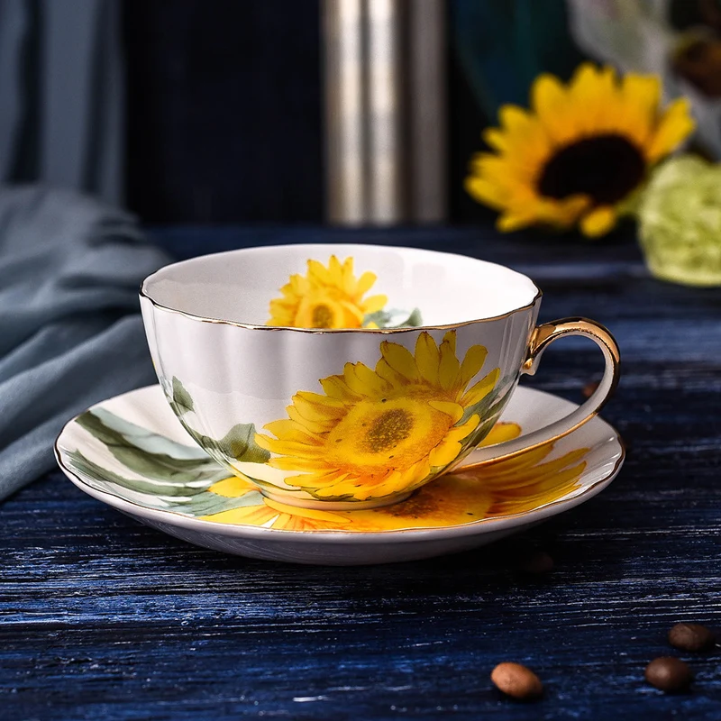 Fine Bone China Tea Coffee Cup Saucer Set Sunflower Pattern Teacup