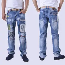 Spring blue fashion patch holes printing skinny jeans men pant man denim trousers mens personalized street straight famous brand
