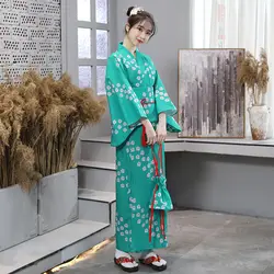 Японский традиционный кимоно костюм женский зеленый длинный халат японский стиль народный костюм для танцев женский юката DQL1420