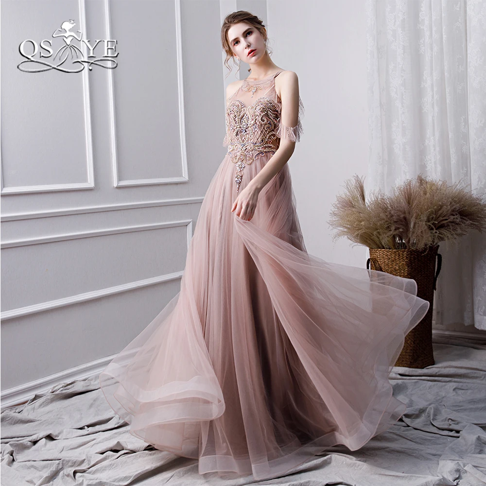 

QSYYE 2019 Blush Pink Long Prom Dresses Robe de Soiree Luxury Beading Tulle Floor Length Formal Evening Dress Party Gowns