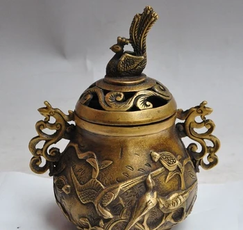 

8"china fengshui bronze animal phoenix bird statue Pierced incense burner Censer