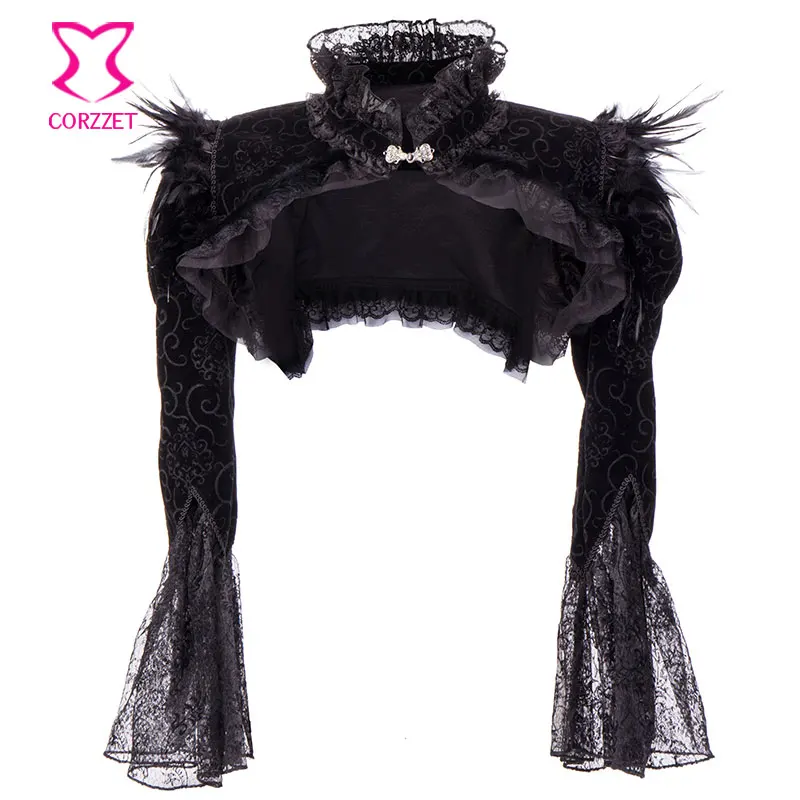 Victorian Black Flannel Feather Jacket Sexy Long Sleeve Ruffles Stand Neck Punk Style Gothic Women Short Coat Accessories Corset graphic style from victorian to hipster книга