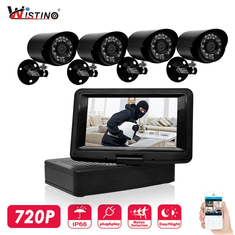 

Wistino 1.0MP AHD DVR CCTV Camera System Kit 4CH Outdoor Security Analog Camera 720P LCD Screen Mini DVR Surveillance Camera IR