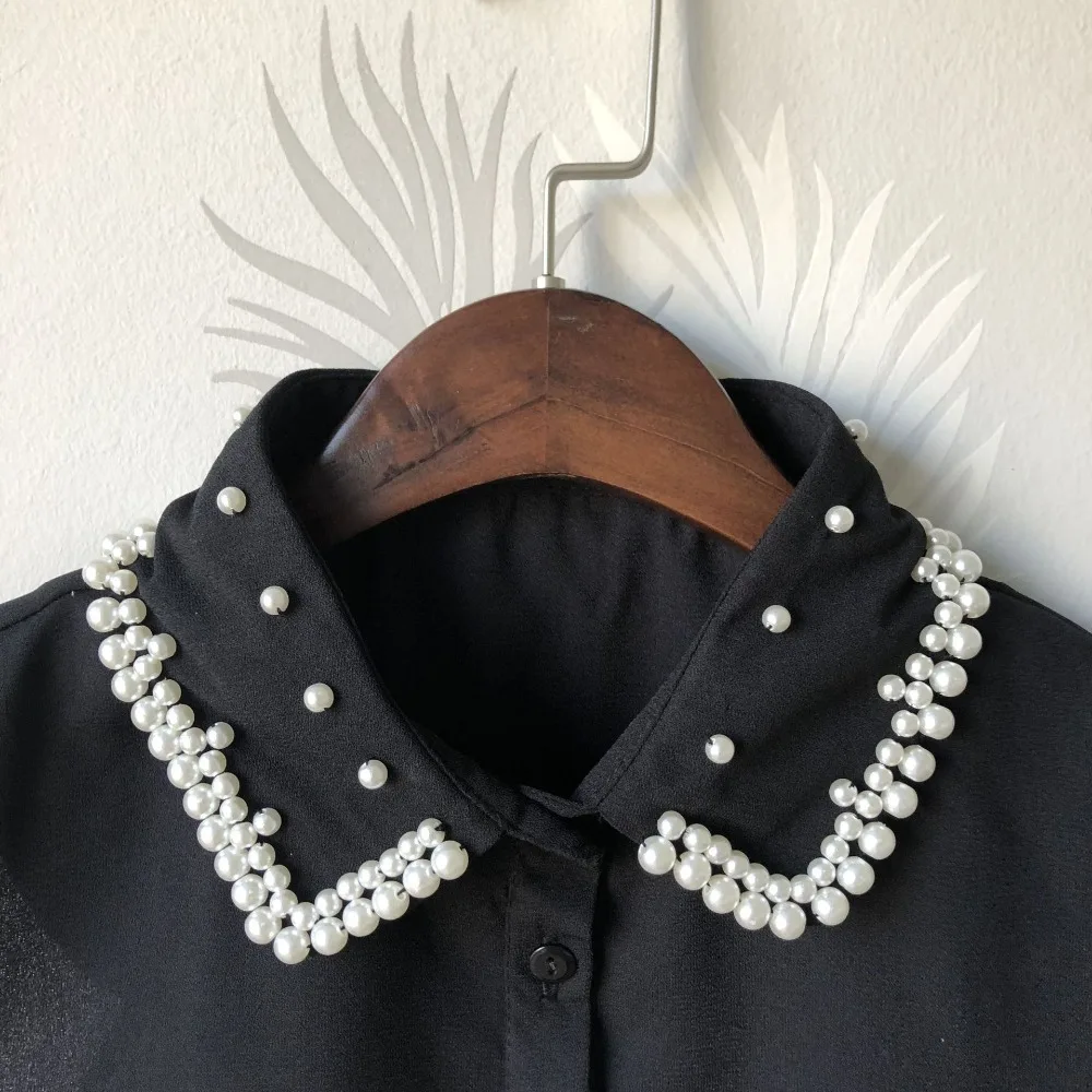 Женская осенне-зимняя рубашка с галстуком жемчужные бусы из горного хрусталя шифоновые поддельные воротнички с кристаллами и отворотами