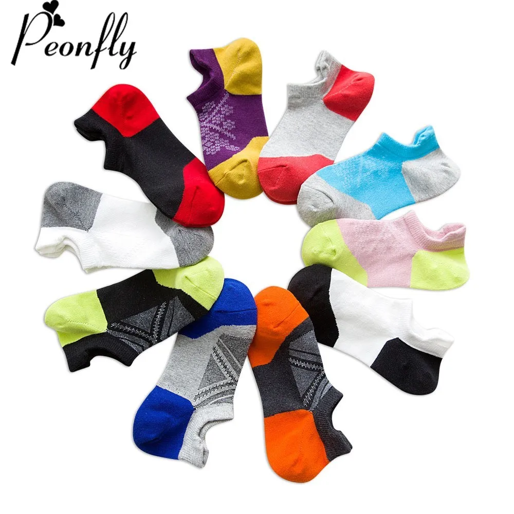 

PEONFLY Men Cotton Ankle Socks Male Business Casual Colorful Stitching Fashion Geometric Pattern Socks Breathable Short Socks