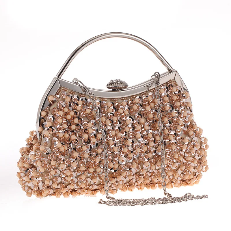 

Fashion Lady Women Evening Clutch Metal Handle Girl Party Shell Bag Beading Crystal Solid Handbagg Shoulder Messenger Crossbody