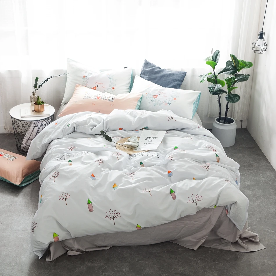 100% Cotton White Pencil Duvet Cover Set Queen King Size ...