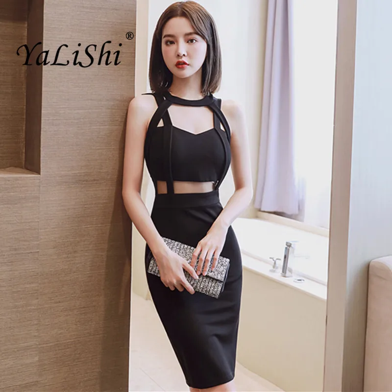 

2018 Summer Dresses Women Black Sleeveless Hollow Out Halter Dress Bandage Bodycon Dress Vintage Sexy Party Slim Pencil Dress
