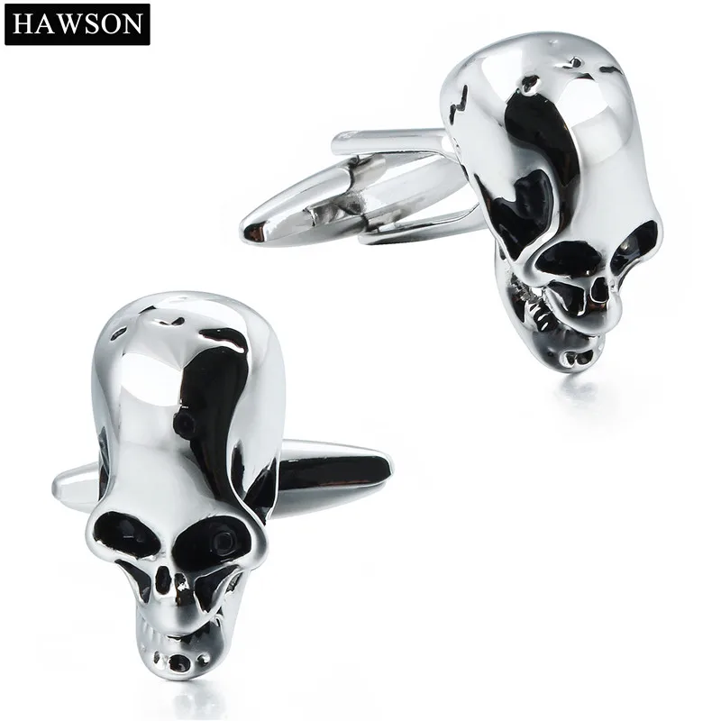 

HAWSON Personalized Style Cufflinks Alien Head/Skull/Skeleton Glossy Silver with Black Cuff Links for French Cuffs/Shirts Gift