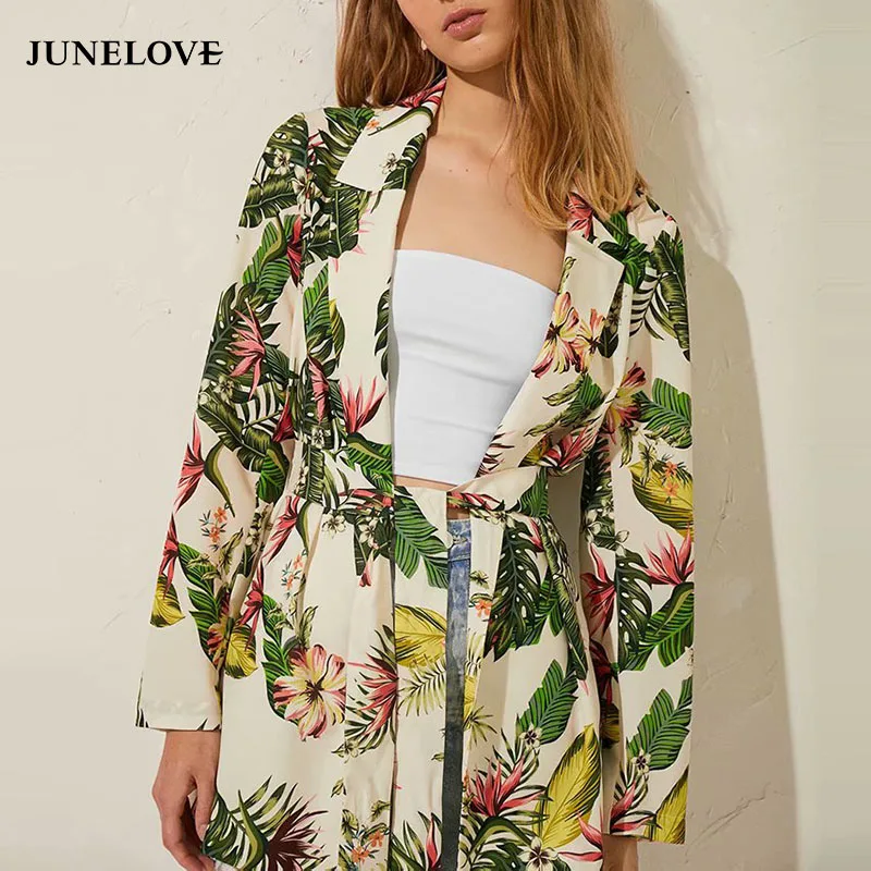 

JuneLove Women Long Sleeve Leaf Print Blazer Vintage Floral Female Loose Sashes Blazer Casual Holiday Lady Beach Blazer Outwears
