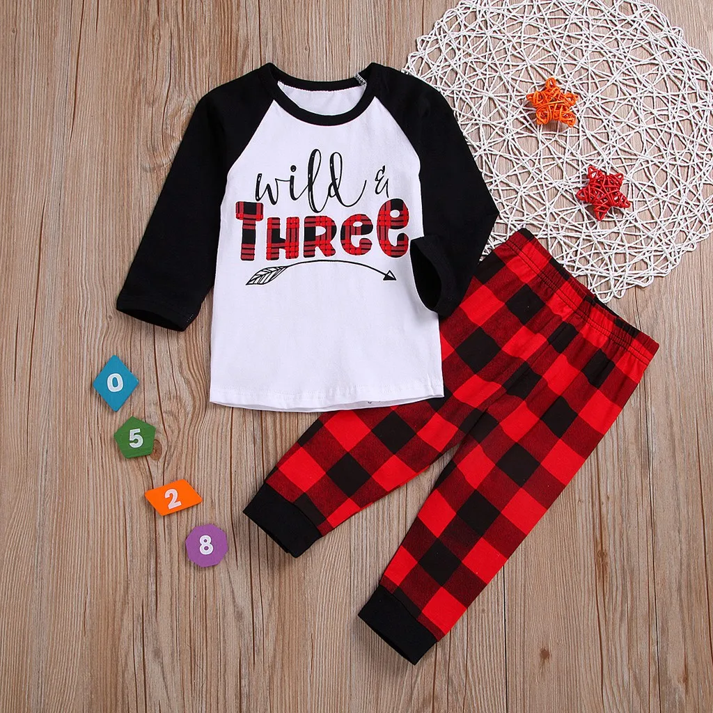 Baby Clothes Set Toddler Boys Girls Letter Tops Pants Plaid Trousers Outfits Pajamas Kids Top Shirts | Детская одежда и обувь