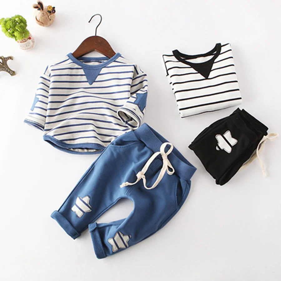 

2019 Spring Kids Boy Girl Clothes Long Sleeve Pullover Striped T-Shirt Pant 2 Pc Suit Casual Boys Cotton Clothing Set