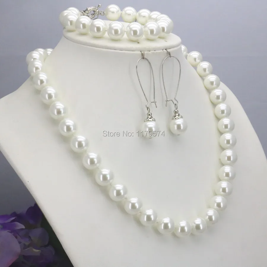 Women Girls 10mm White Round Shell Pearl Beads Necklace Bracelet Earrings Sets Jewelry - Image 3