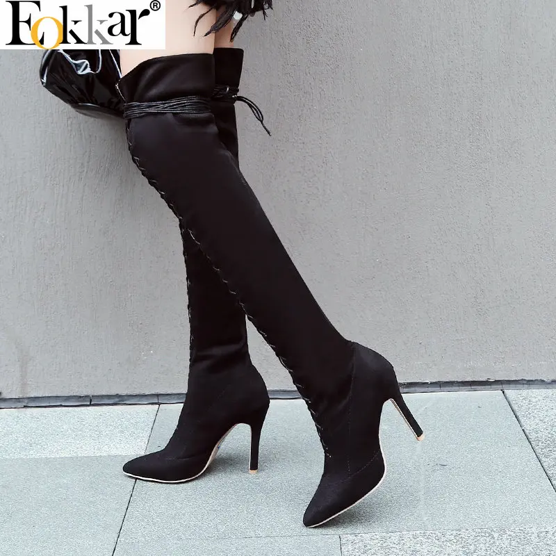 

Eokkar 2020 Sexy Cross Tied Women Party Dress Over The Knee High Boots Pointed Toe 10CM High Heel Winter Shoes Plus Size 34-45