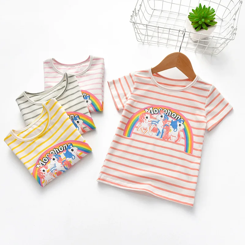 

Summer Girls T shirt Tops Cartoon Little Pony Pattern Cotton Children Clothes Tops Tees Kids Girls Stripe Short Sleeves T shirt