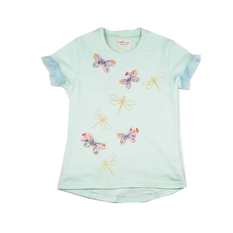 

Little Maven New Summer Kids Short Sweet O-neck Dragonfly Butterfly Applique Knitted Cotton Big Girls Casual 4T-10T Tshirts