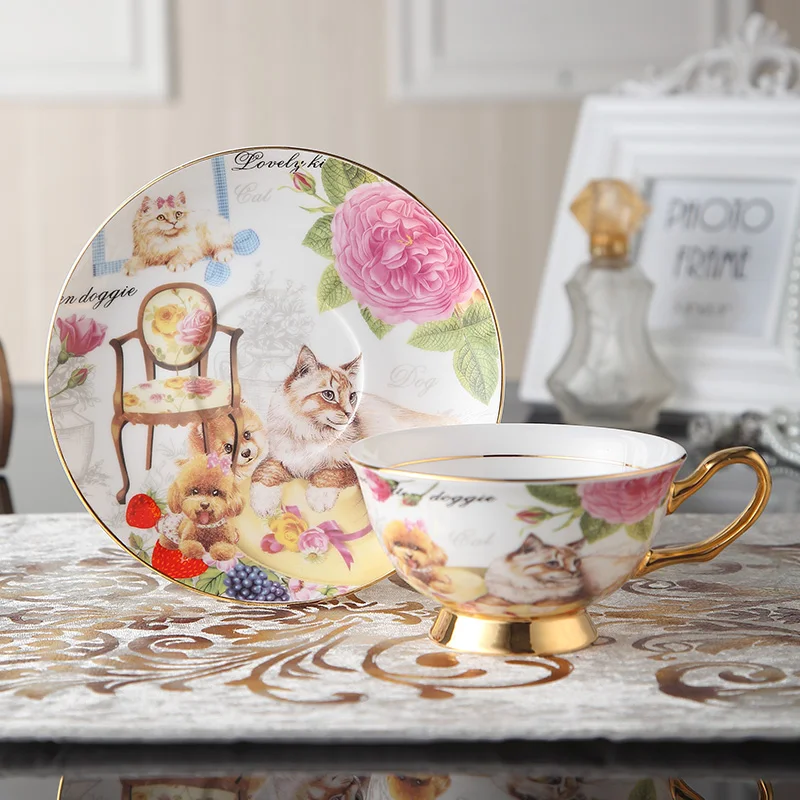 

200ml British Top-grade Tea Cup Set Ceramic Coffee Cat Cups Set Ceramic Advanced Porcelain Cup and Saucer with Stainless Spoon