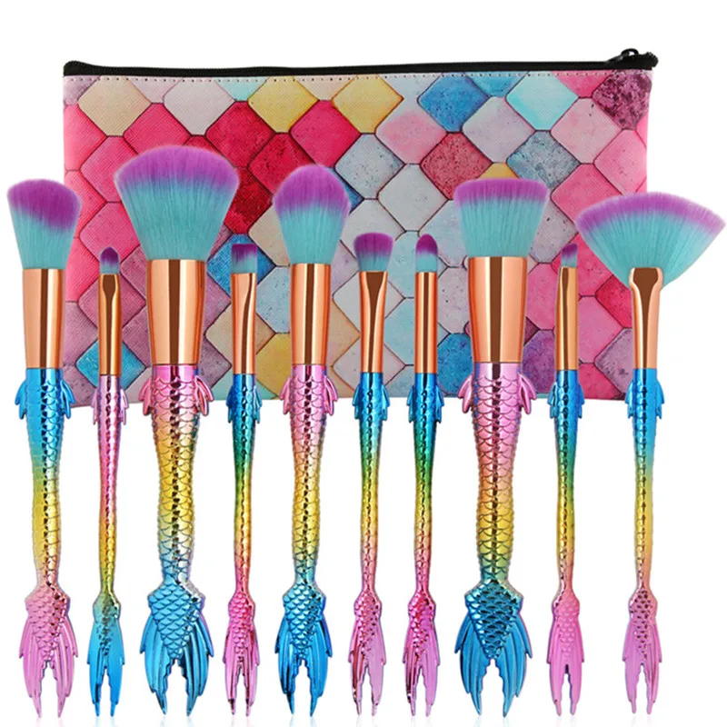 10Pcs Pro Mermaid Brush Set With Makeup Brush Pouch Beauty Fish Tail Contour Lip Eyebrow Powder