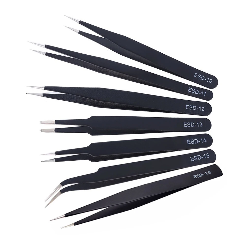 6Pcs Anti-static ESD Stainless Steel Tweezers Maintenance Tools Industrial Precision Curved Straight