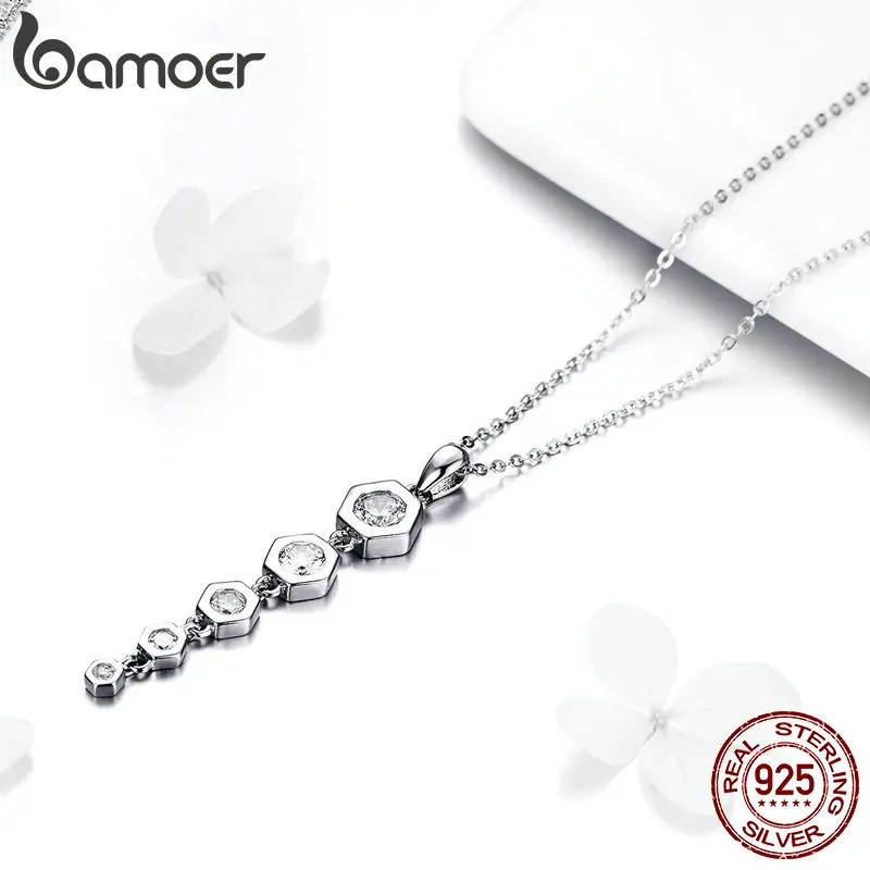 

BAMOER Y-shape Necklace Korean Geometric Hexagon Pendant Necklace 925 Sterling Silver Girl Gift Silver Fine Jewelry GAN052