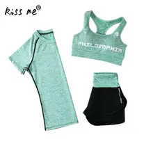 Цельный спортивный костюм из трех предметов для женщин, комплекты для йоги для спортзала бега спорта, костюм для фитнеса, одежда для тренировок, спортивный бюстгальтер, брюки, Комплект футболок